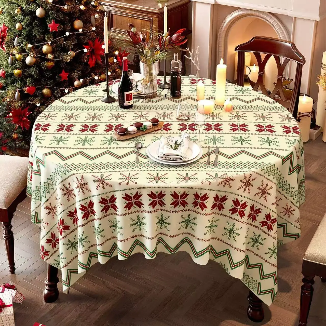 

Christmas Red Green Snowflake Poinsettia Pattern Tablecloth Festive Table Cover for Holiday Dinner Party Dining Room