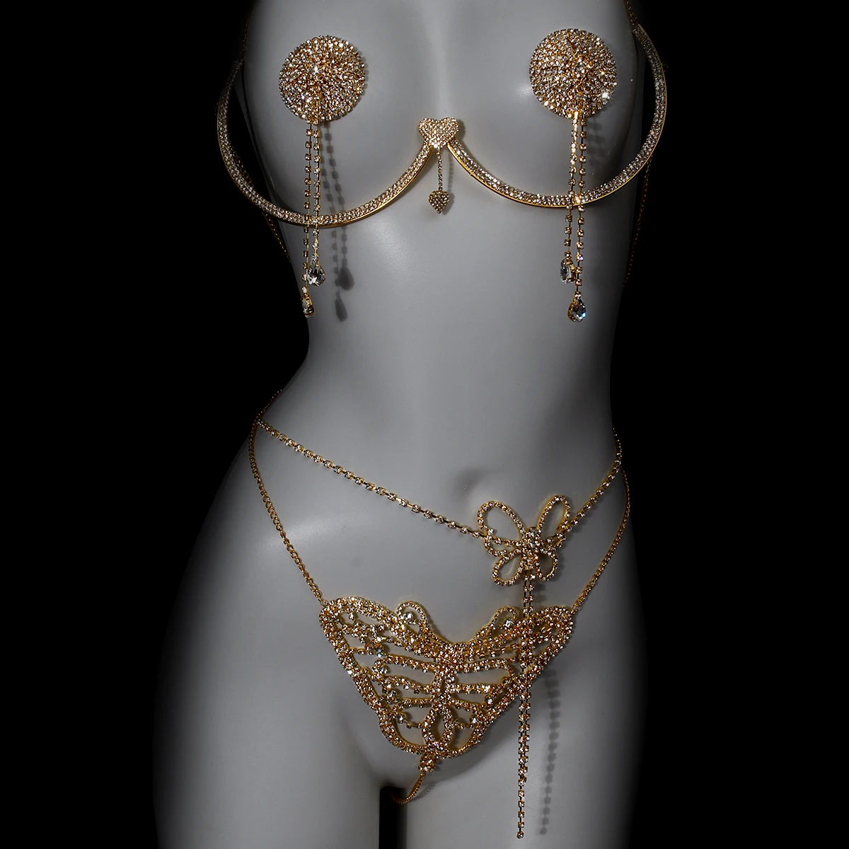 Light luxury butterfly sexy rhinestone chest support waist chain underpants four piece set nightclub charm women's body chain