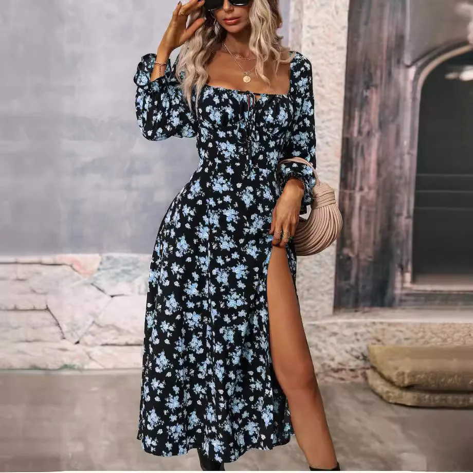 

Elegant Women's Long Dress 2024 Autumn Long Sleeved Square Neck Slit Dress Vestidos Para Mujer Elegantes Fiesta Robe Ete Femme