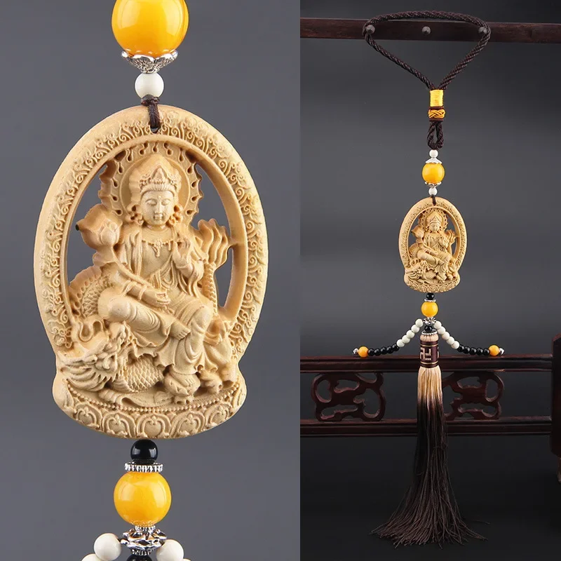 Wood Carving Buddha Statues Car Rear View Mirror Pendant Jewelry Guanyin Pao Ping An Fu High-end Schoolbag Mobile Phone Pendant