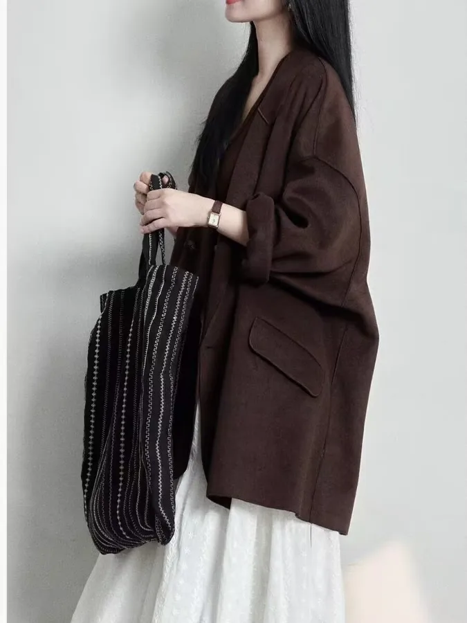 Casual Loose Women's Woolen Suit Jacket British Style Artistic Autumn Casual Versatile Small Western Style Cotton Polyester B...