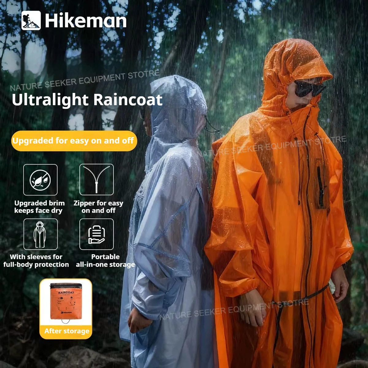 Cycling Gear In Rain - HIKEMAN 超軽量ポンチョ 15D。アウトドアでのハイキング、サイクリング、釣り、キャンプに最適なレインコート。