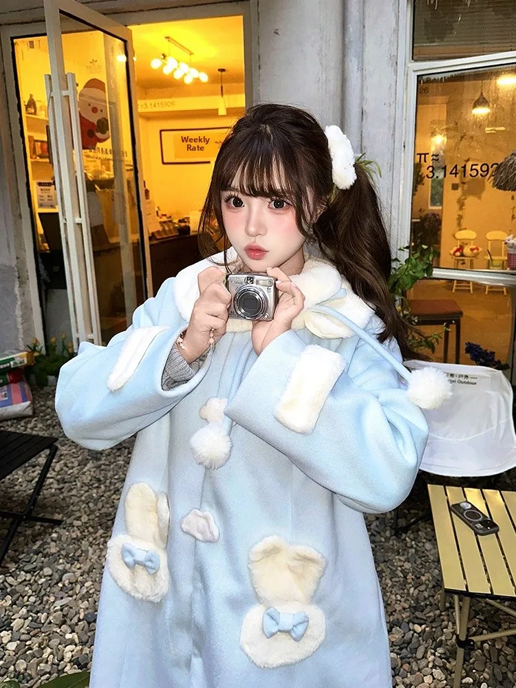 

Cloud Soft Blue Knot Winter New Sle Medium Length Woolen Coat for Women Warm Sweet Japanese Sle Loose Fit Onlin...