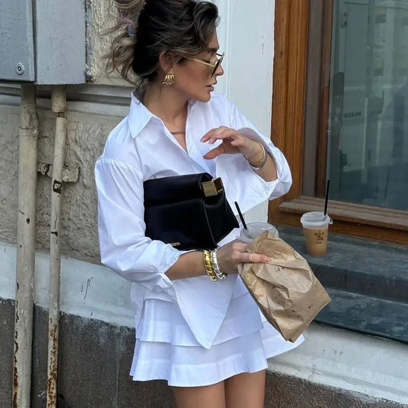 

2025 new white shirt cake skirt suit women's lapel long sleeve design shirt high waist short skirt two-piece set Vestidos