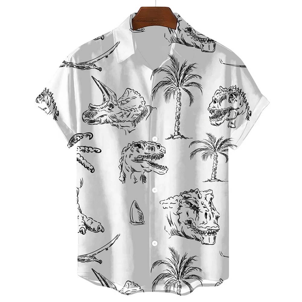 Black And White Hawaiian T-shirt Men Shirt Cute Dinosaur Print Men\'s Clothing Shirt Lapel Oversized Short Sleeve T-shirt Blouse