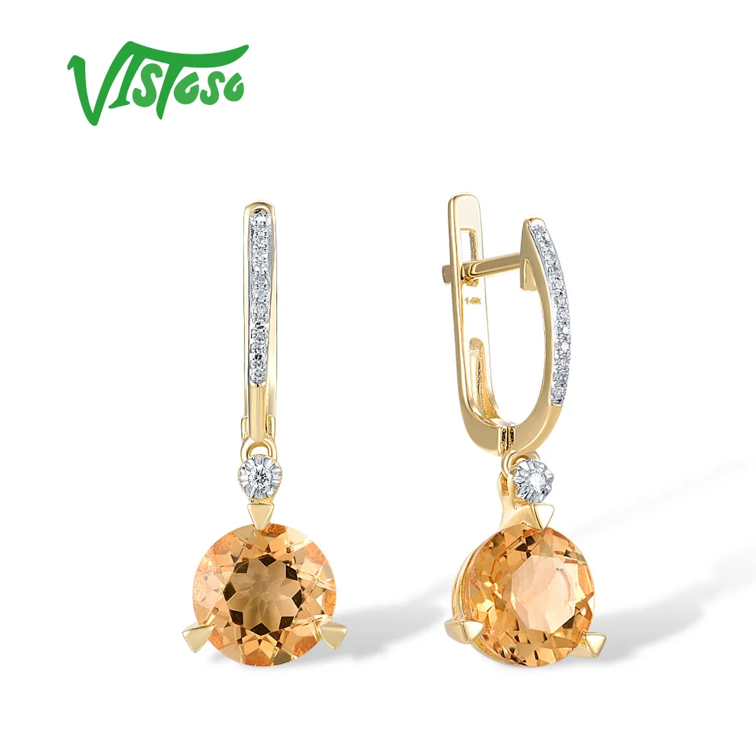 VISTOSO Genuine 14K 585 Yellow Gold Earrings For Women Sparkling Diamond Citrine Round Dangling Simple Delicate Fine Jewelry