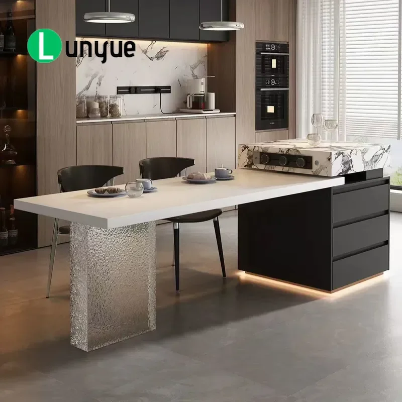 Italian Rock Slab Island Dining Table Acrylic Feet Integrated Retractable Multi Functional Kitchen Light Luxury Advanced
