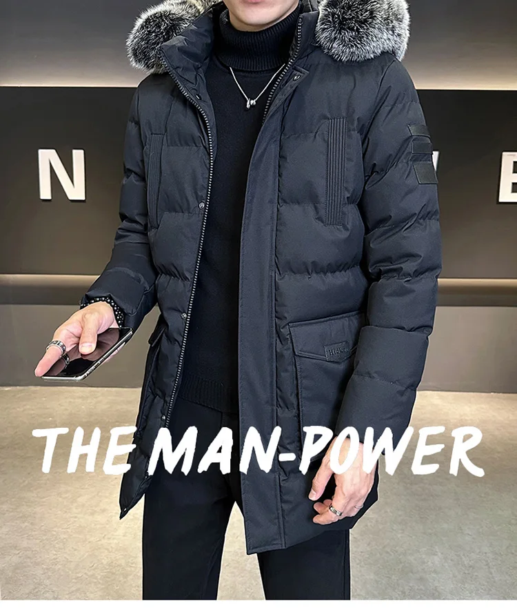 Autumn Winter Main Push Mid Length Solid Color Hooded Cotton Coat For Men Plus Size Korean Style Thick Warm Unisex Youth Trendy