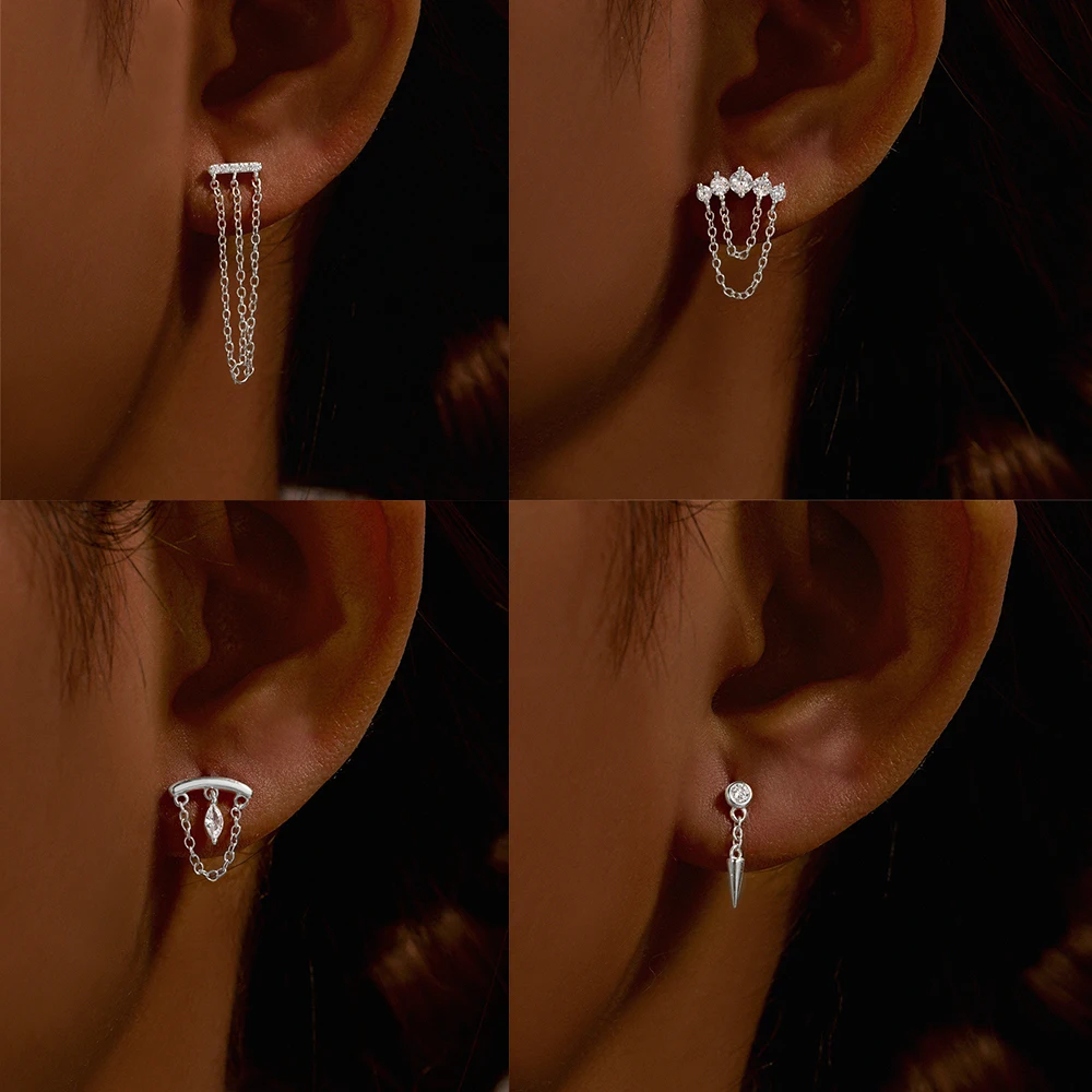 1PC Stainless Steel Tassel Chain Horse Eye CZ  Moon Stud 16G Women Flat Head Threaded Puncture Cartilage Conch Helix Ear Jewelry