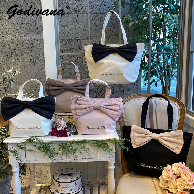 

Japanese Style Big Lace Three-Dimensional Bowknot Waterproof Canvas Shoulder Bag Mom Female Handbag Lunch Bag Ballet Bag