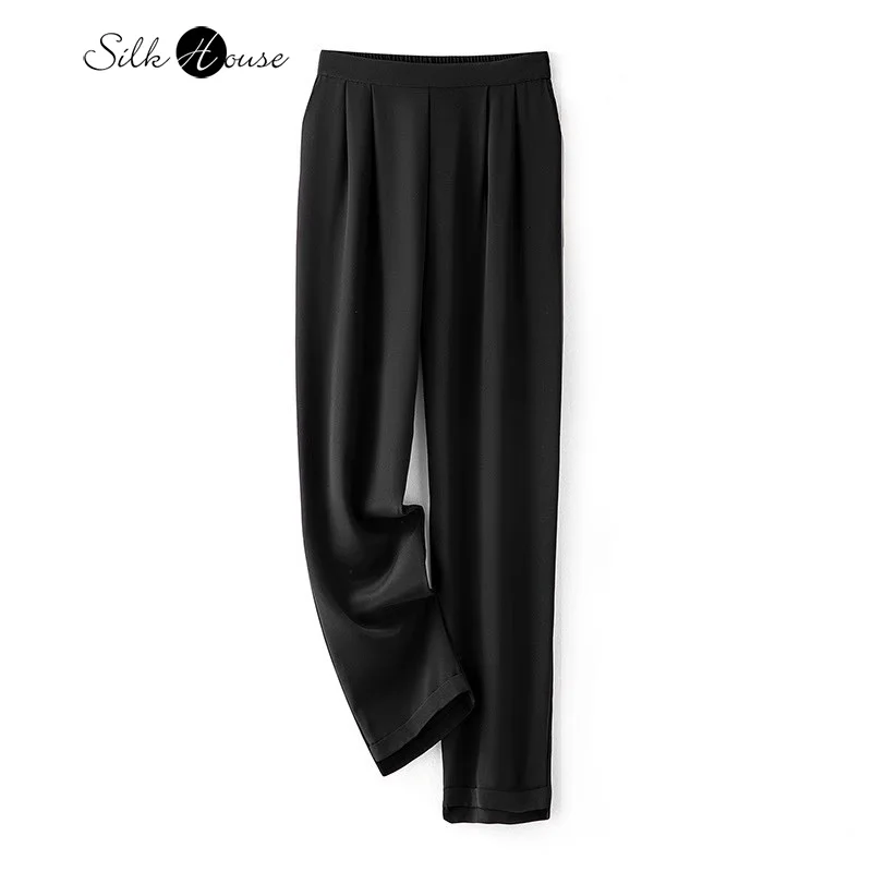 

2024 Women's Fashion Summer New Natural Mulberry Silk Elastic Heavy Crepe High Waist Black Pocket Design Straight Leg Pants