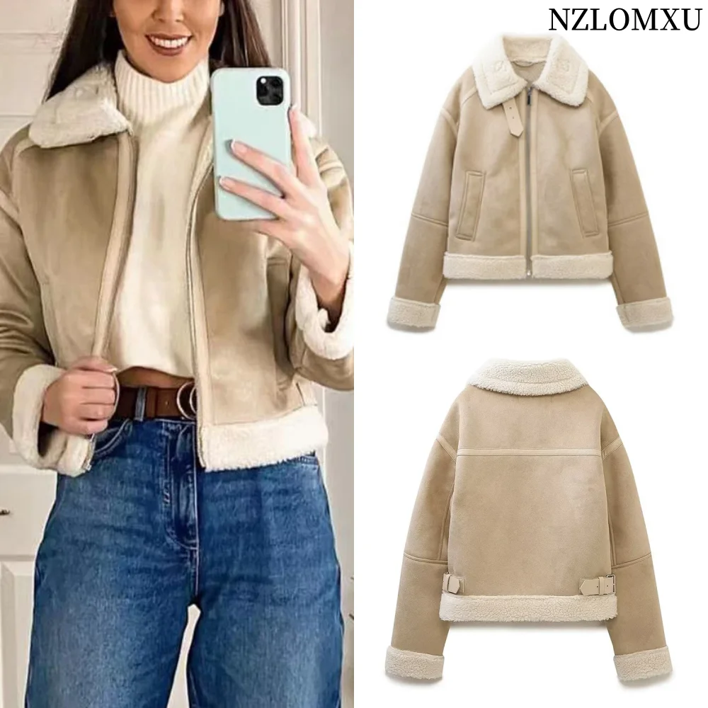 Women Faux Fur Beige Jacket 2022 Autumn Winter Ladies Elegant Short Coat Vintage Loose Female Warm Thick Outwear Mujer