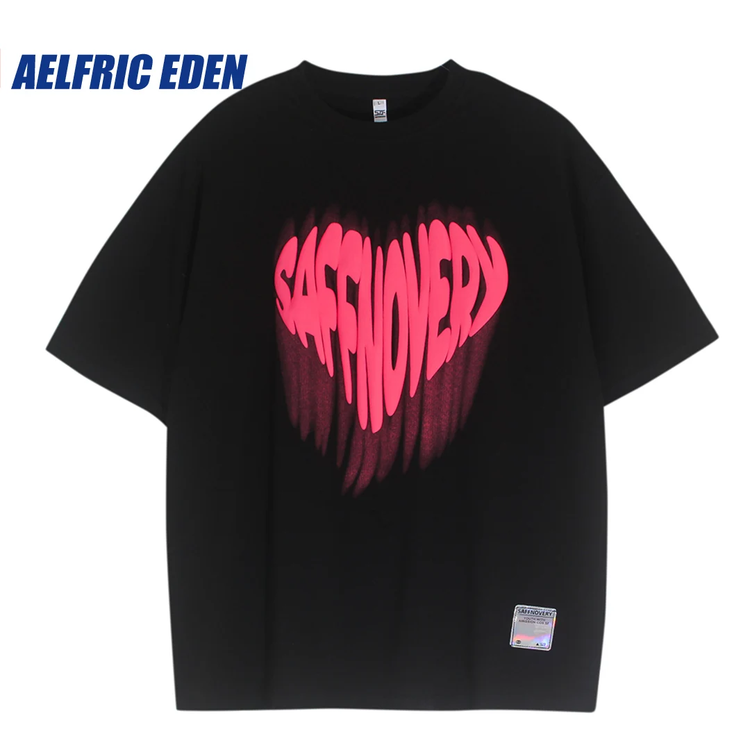 

Aelfric Eden Foam Heart Print Oversized Tshirt Streetwear Hip Hop Love Heart Letter Print Tee Shortsleeve Harajuku Casual Cotton