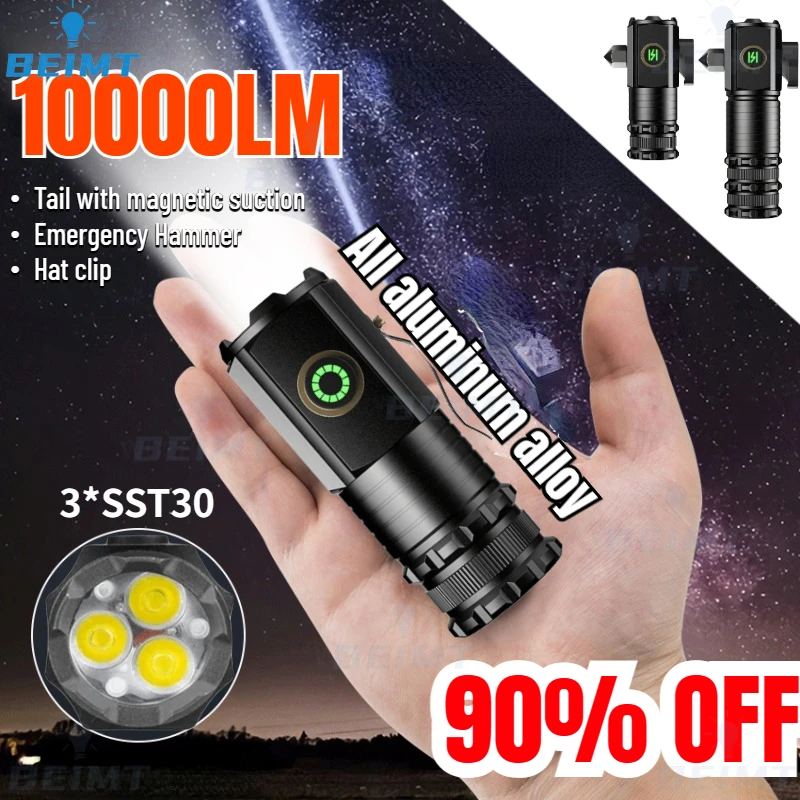 Lanterna Recarregável com Ímã, USB C Luz, IP68 Impermeável, Tocha, ATR Luminus, SST20, 18350, 3 LED, Caminhadas, Camping