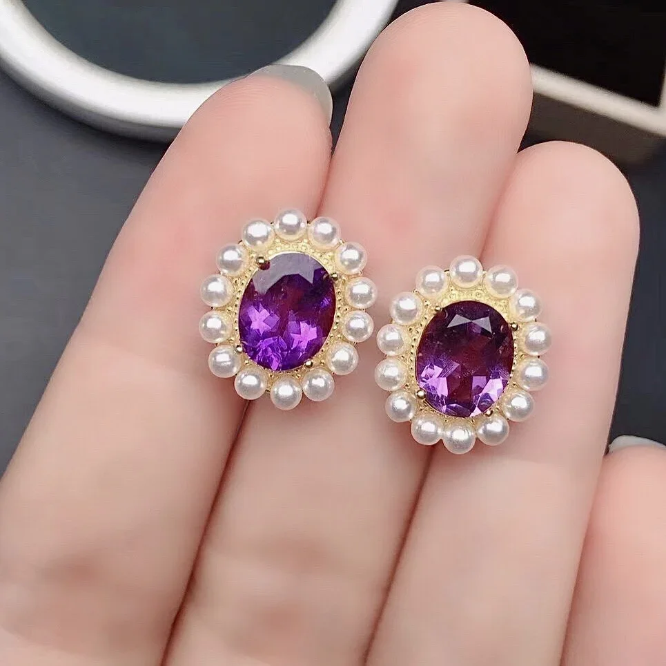 Classic 925 Silver Crystal Stud Earrings for Daily Wear Natural Amethyst Garnet Earring Real Garnet Amethyst Silver Stud Earring