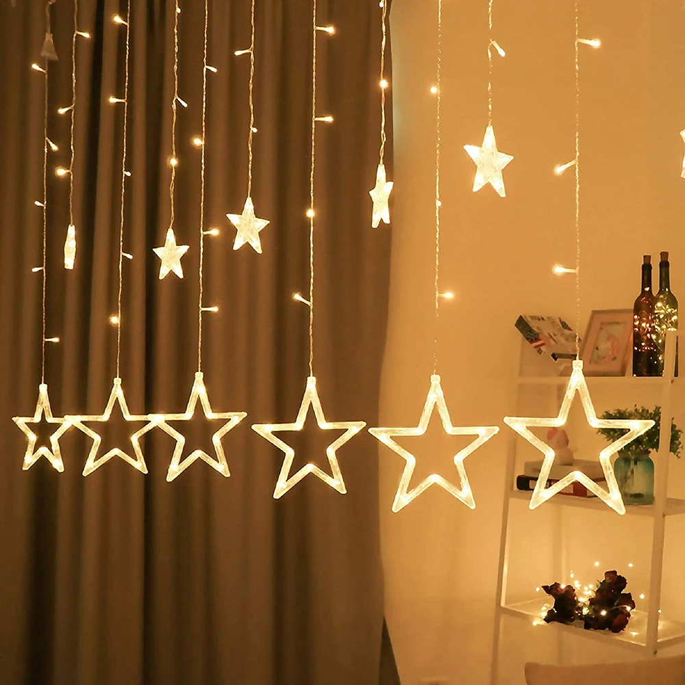 3.5m 138 LED Ice Column Star Fairy String Lights Christmas Wreath Star Curtain Lights Party Wedding Banquet Home Terrace Outdoor