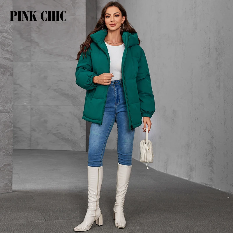 PINK CHIC 2024 New Women\'s Winter Short Jacket Winter Thick Hooded Cotton Coat Women\'s Loose Down Coat W9073