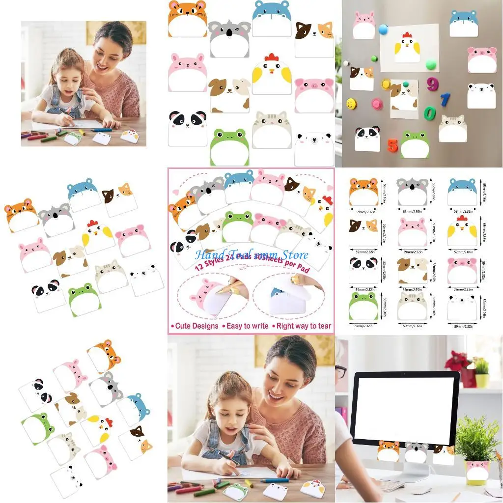 

H37F 12Pcs Adhesive Animal Theme Write Note Set Multipurpose Paper Cartoon Pad