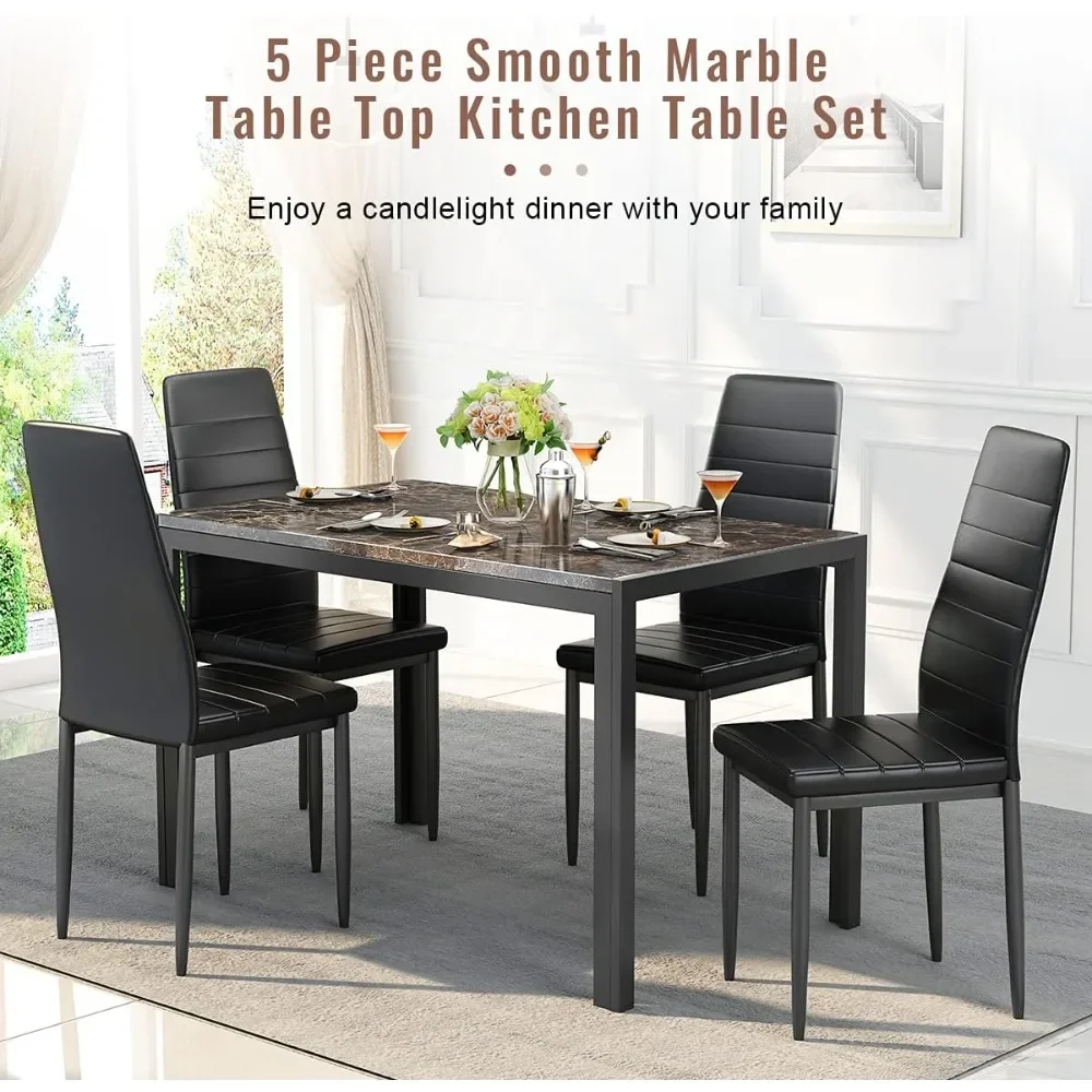 5 Piece Faux Dining Set,Marble Top and High Chairs for Breakfast Nook Small Spaces, Modern Kitchen Table