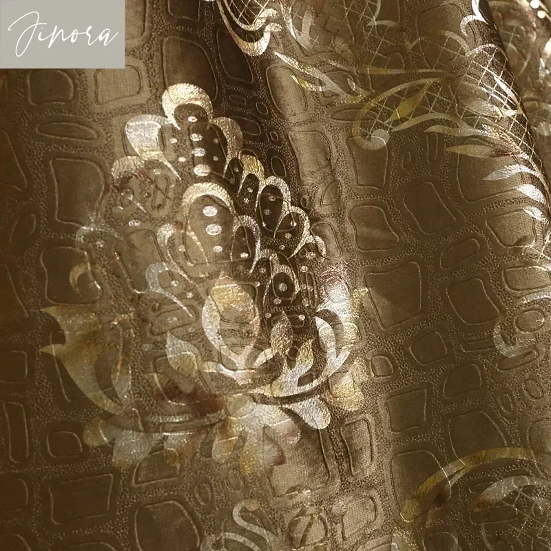 Customized European Gold Curtains For Living Room High-grade Floor-to-ceiling Thickened Blackout Coffee Color Embossed Velvet