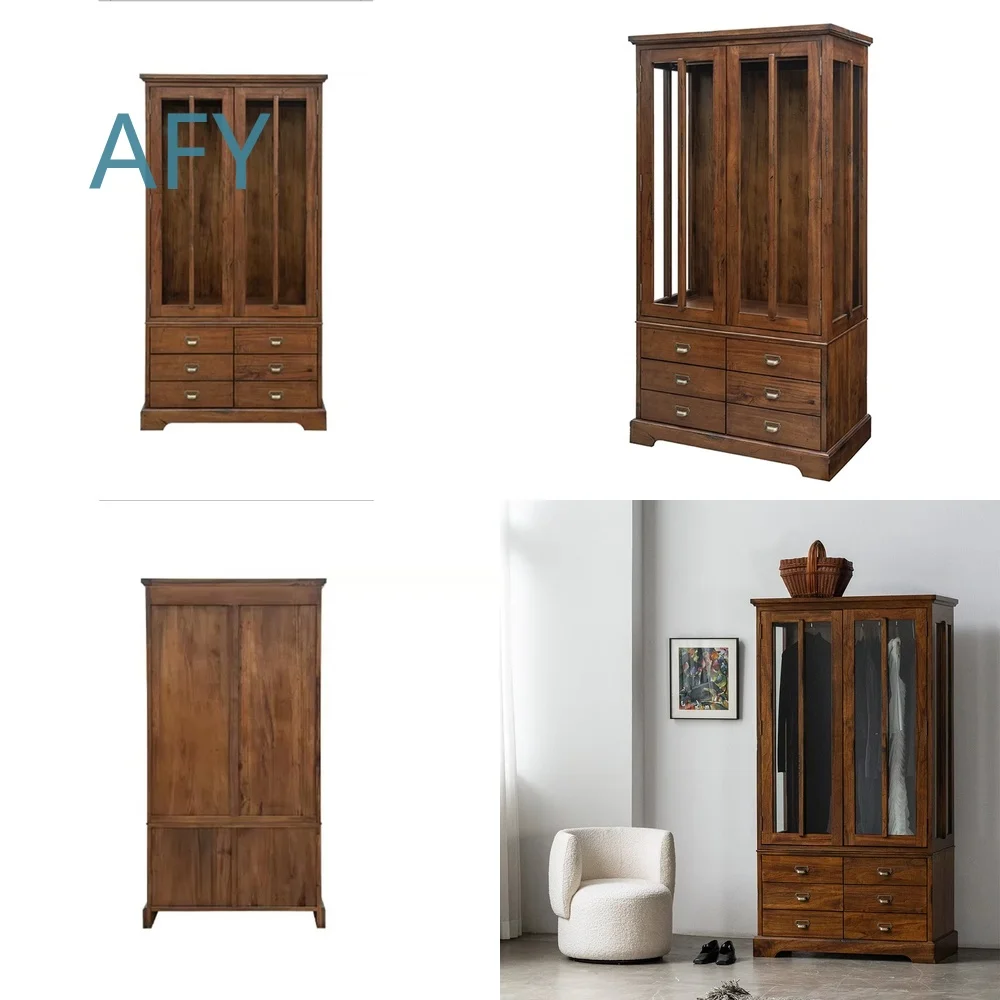 Modern Chinese Style African Teak Camphor Wood Eco Friendly Durable Storage Wardrobe with 5 Drawers Freestanding for Bedroom