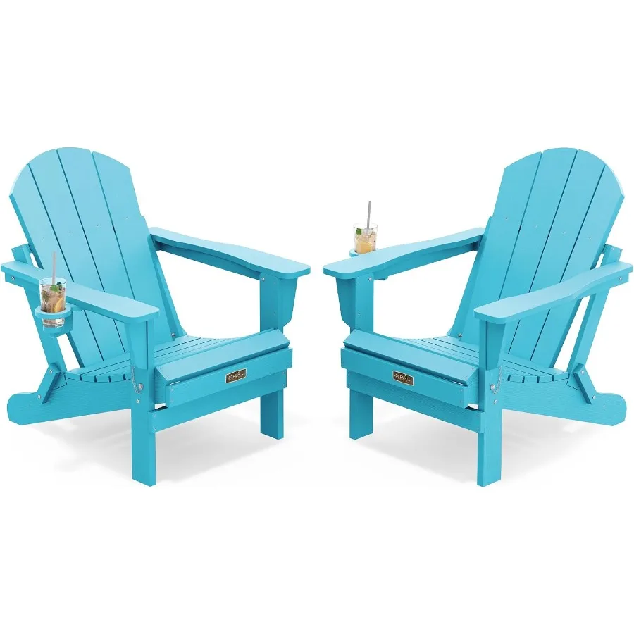 Patio Folding Adirondack Chair Set of 2 with Blue Fabric and Weather-Resistant Polywood for Outdoor Relaxation