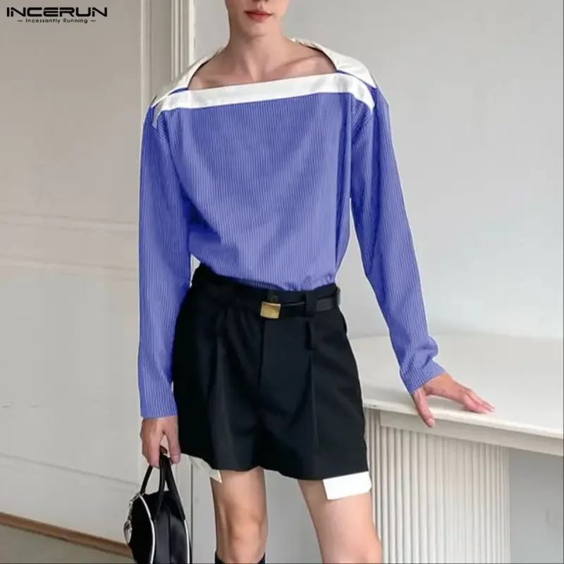 

INCERUN Men Shirt Striped Patchwork Boat Neck Long Sleeve Men Clothing Loose Personality Streetwear Fashion Casual Male Tops