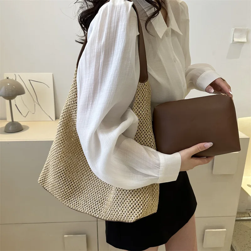 Casual Beach Summer Popular Woven Mother-in-law Bag 2025 Fashionable One-shoulder Seaside Travel Beach Straw Bag