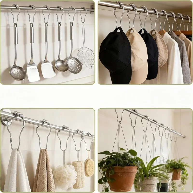 48 pcs Home Daily Gourd Hooks, Rolling Ball Smooth Slide, Wardrobe Closet Rod & Shower Curtain, Anti-Fall No Jam Design