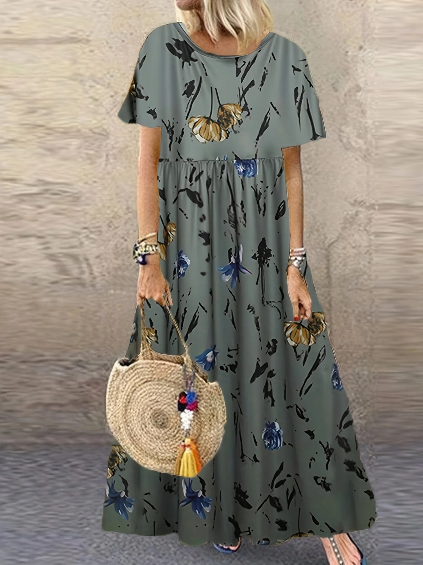 2024 Neues Kleid mit Retro-Blumendruck, kurze Ärmel, Rundhalsausschnitt, neu – Detail 3