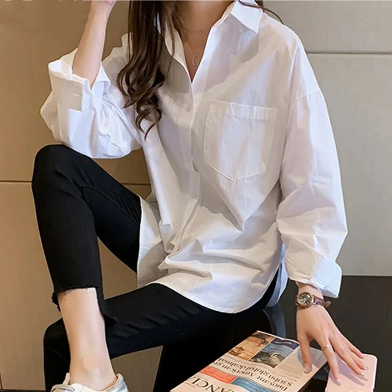 Autumn Long Sleeve White Women Shirt Fashion Loose Blouse Office Lady Elegant Cotton Tops