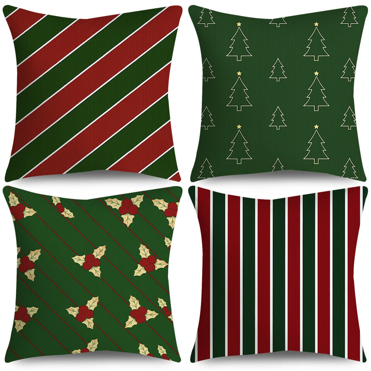 4pcs Red Green Stripe Red Berries Christmas Throw Pillow Covers Golden Leaves Christmas Tree Designs, Zip Closure
