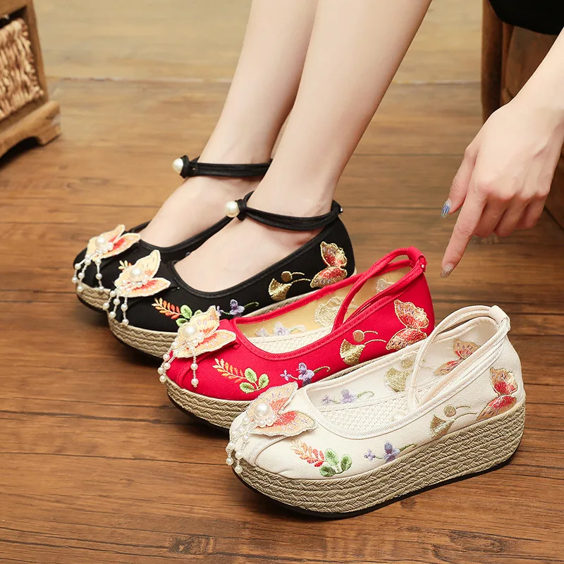 

Round Toe Shoes Woman Flats Casual Female Sneakers Autumn Dress Summer Fall Ethnic Embroider Floral PVC Leisure Fabric Pumps Hig