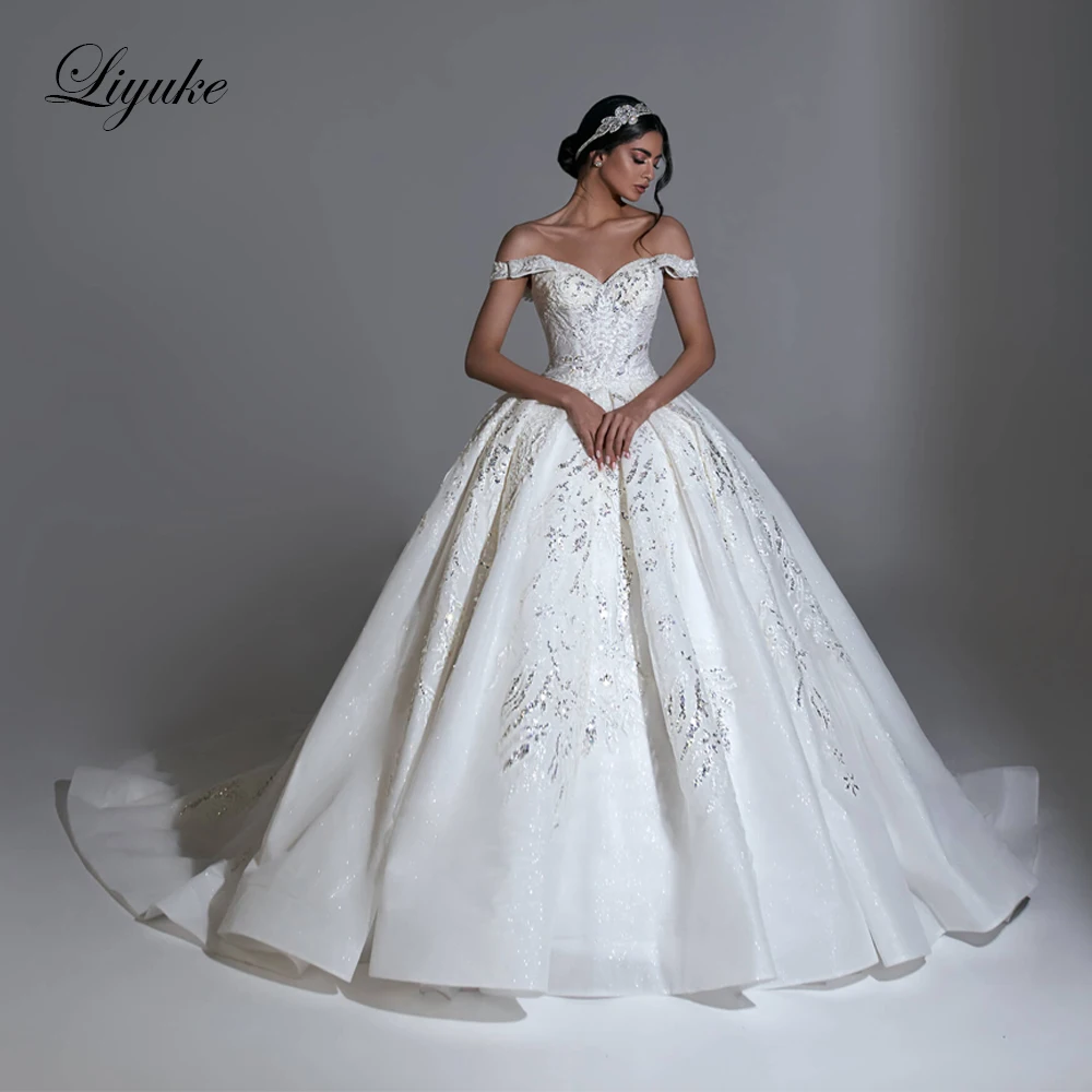 

Liyuke Elegant Sweetheart Ball Gown Wedding Dress Of Stunning Sequined Appliques Lace Off The Shoulder Bridal Skirts