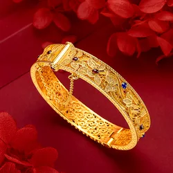 Women 9999 24K Real Gold Vintage Burnt Blue Cloisonn Orchid Bracelet Vintage Court Style Buckle, Huizhi Orchid Heart Enamel