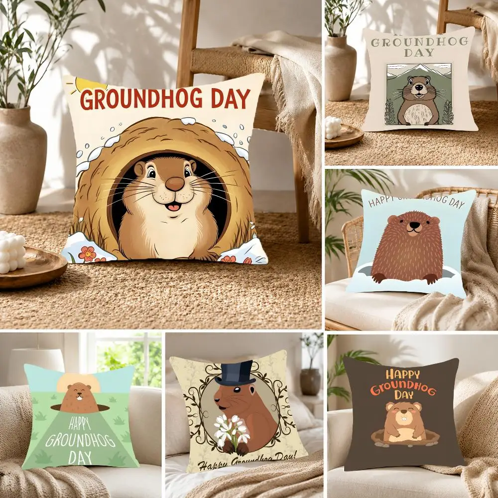 Cultural event Groundhog Day Punxsutawney Phil Cushion Cover Fluffy velvet Nordic style plush Living room sofa decorative