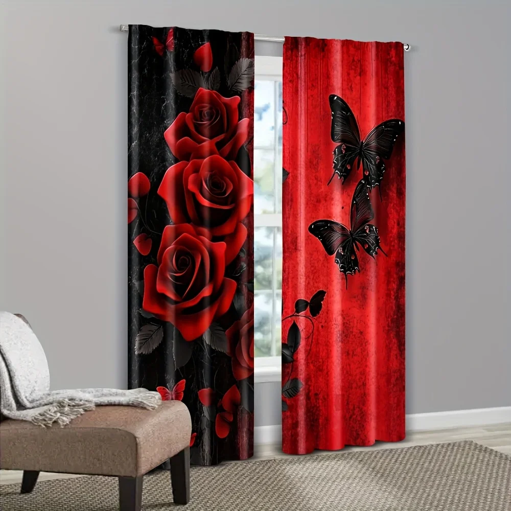 Red Rose and Black Butterfly Curtains with Gothic Design Dramatic Romance Theme Window Drapes for Living Room Bedroom Decor