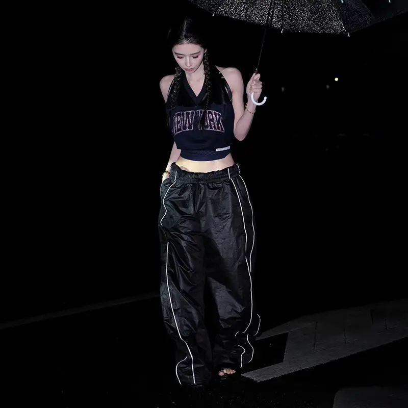 

American street contrasting stripes casual parachute quick-drying pants + neck vest y2k