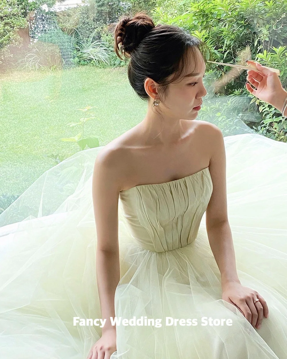 Fancy Simple Green Wedding Dress Sleeveless Korea Women Photograph A Line Soft Tulle Pleats Bridal Dresses customized