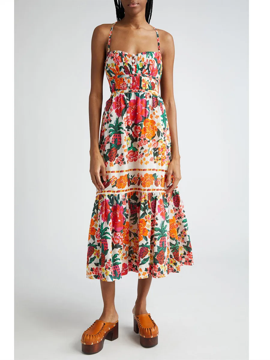 

Women Floral Print Slip Dress Summer Pleated Spaghetti Strap Bohemain Long Beach Dresses Sleeveless Backless Sundress for Party