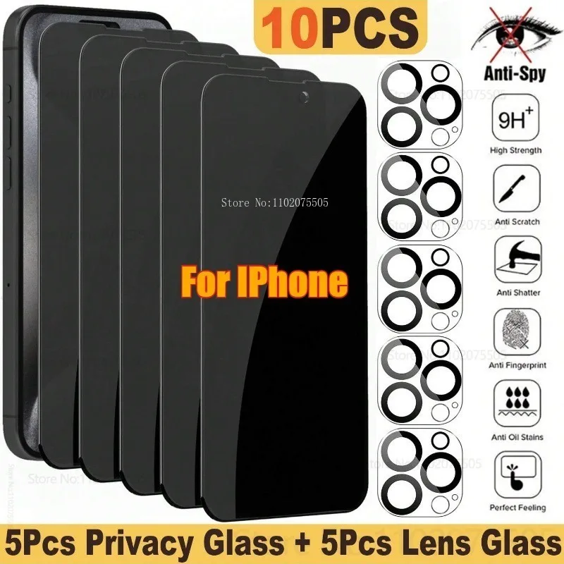 5Pcs Privacy Screen Protector+5Pcs Camera Lens Protector for IPhone 13/14/15 Promax 11Pro 12Mini 16 Plus Anti Spy Tempered Glass
