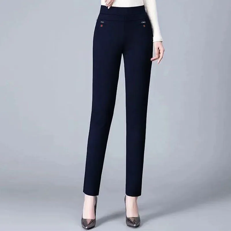 Office Lady Solid Big Size 6XL All-match Pencil Pants Spring Autumn Fashion Women Elastic High Waist Pockets Straight Trousers