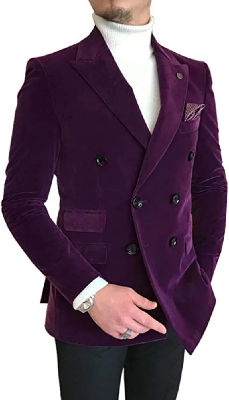 

New Fashion Solid Velvet Jacket for Men Double Breasted Peak Lapel Slim Fit Suit Blazer for Prom Party Wedding Business One Coat