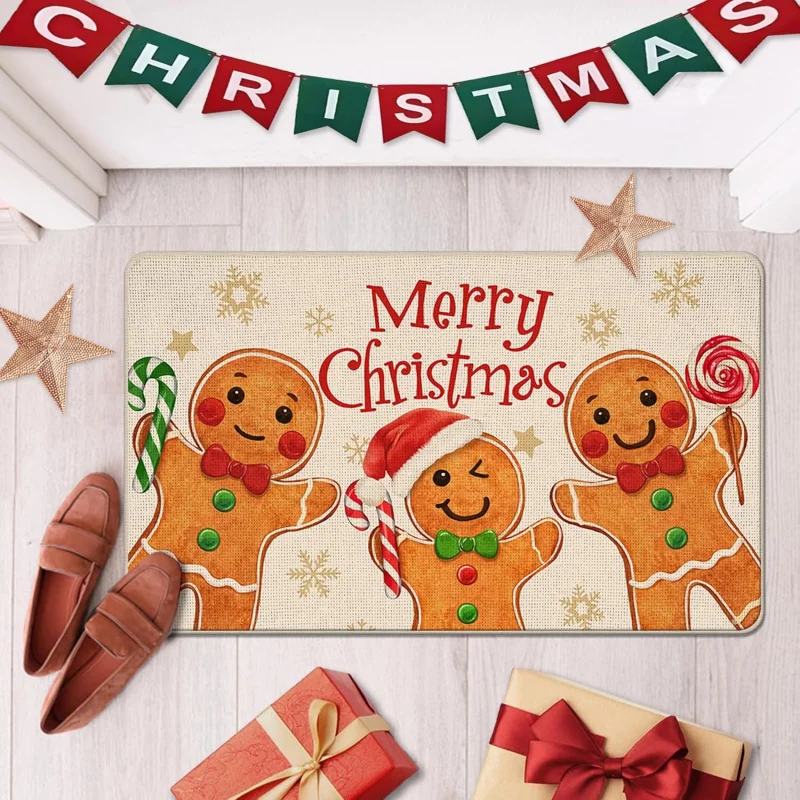 Merry Christmas Gingerbread Man Decorative Front By Mat, Xmas Peppermint Candy Doormat Indoor Outdoor Non-Slip Floor