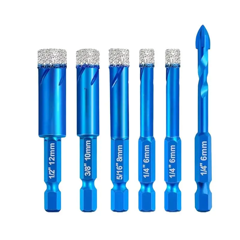 ⑥ 6Pcs Dia 6/8/10/12MM Dry Drill Core Bit Spiral Groove Hex Shank Brazed Drill Bit  Ceramic Tile Granite Marble Hole