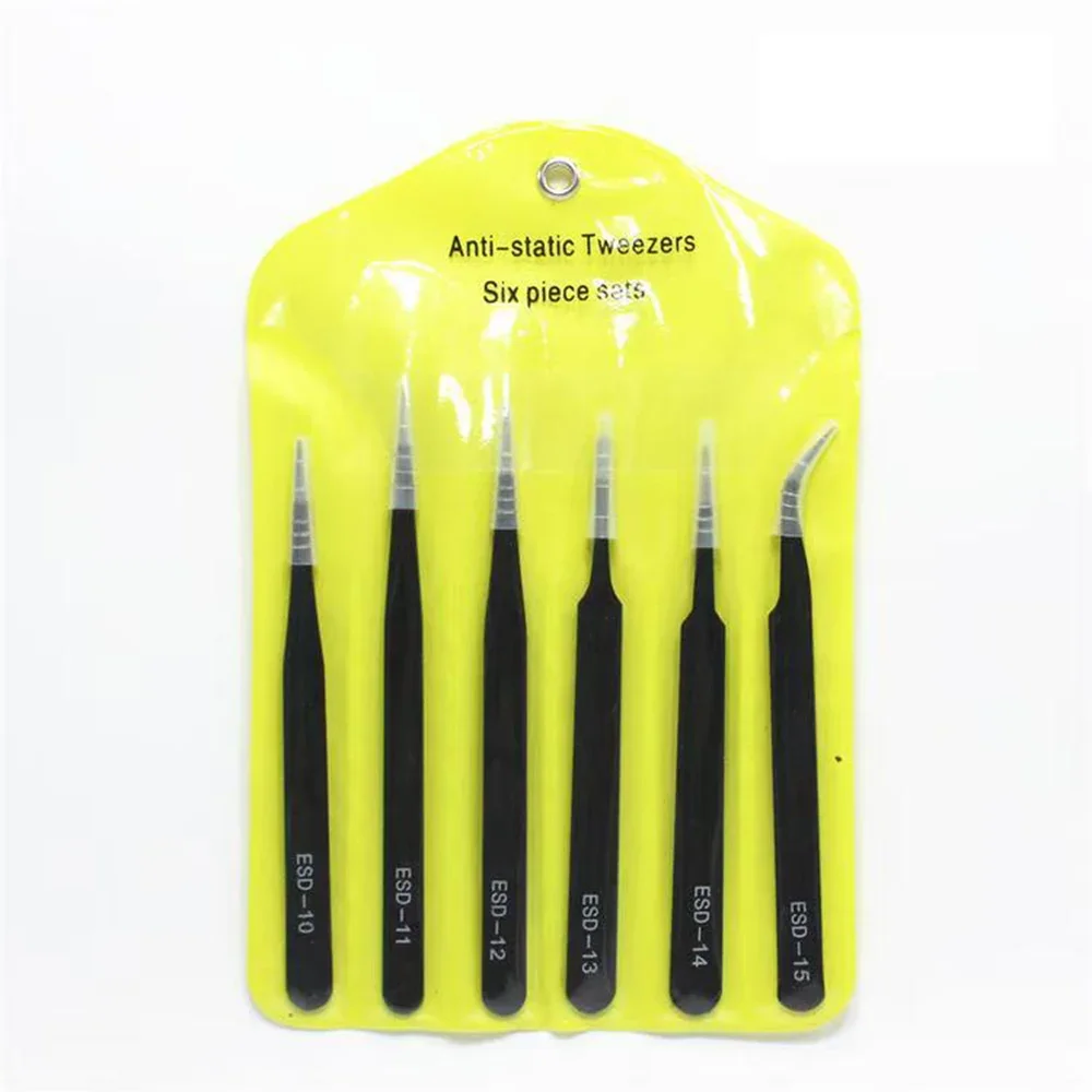 6-Piece ESD Anti-Static Precision Tweezers Set Stainless Steel Tools for Electronics Soldering and Jewelry Making