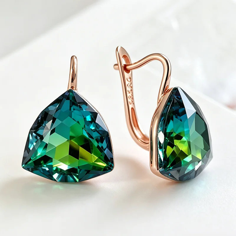 Wbmqda Einzigartige Ohrhänger mit grünem Farbverlauf und Stein für Damen, 585er Roségold, luxuriös, für Hochzeit, Party, großer Zirkon, Schmuck, Geschenke – Detail 3