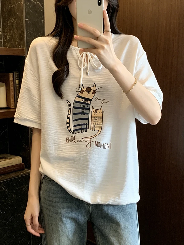 

plus Size Summer New Women's Casual Loose Slimming Style T-shirt Cover Belly Top Fashionable Versatile Breathable Short...