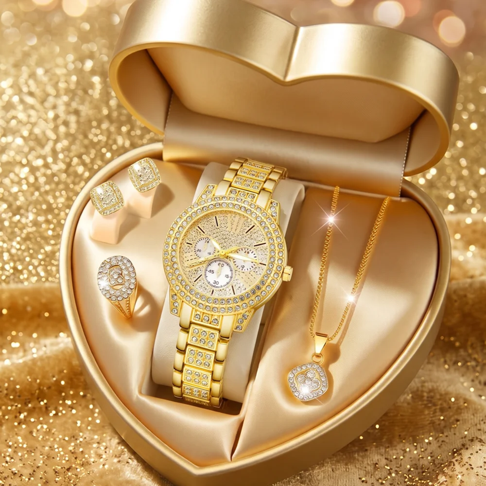 5Pcs/Set Unisex Jewelry Watches Women's Wristwatch Accessories Gold Fashion Business Elegant Classic Exquisite Retro Light Luxury Rhinestone Luxury Bracelet Watch Set Y2K Suitable for Daily Outfits and Our Holiday Gifts
