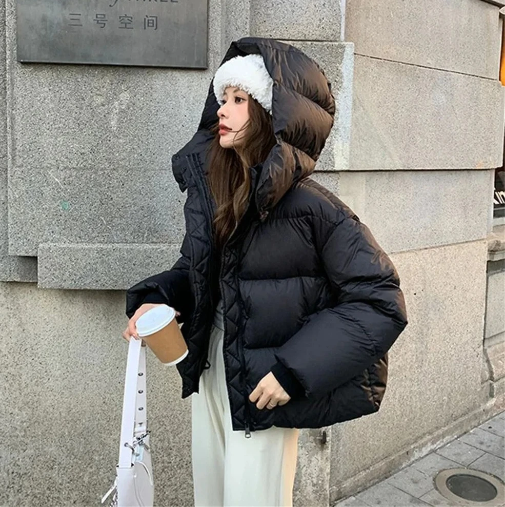 سترة نسائية شتوية كورية مقصوصة لعام 2025، سترة قطنية بغطاء للرأس، ملابس خارجية غير رسمية سميكة ودافئة وفضفاضة #2